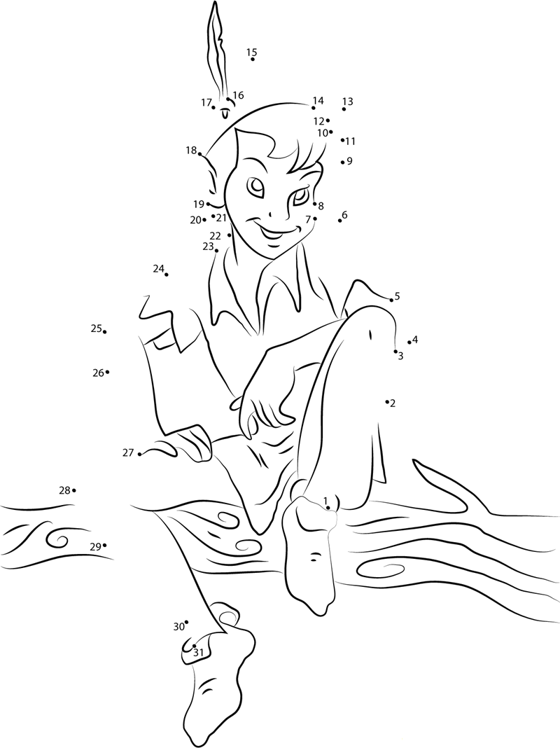 Peter Pan Sitting On Tree Branch printable dot to dot worksheet