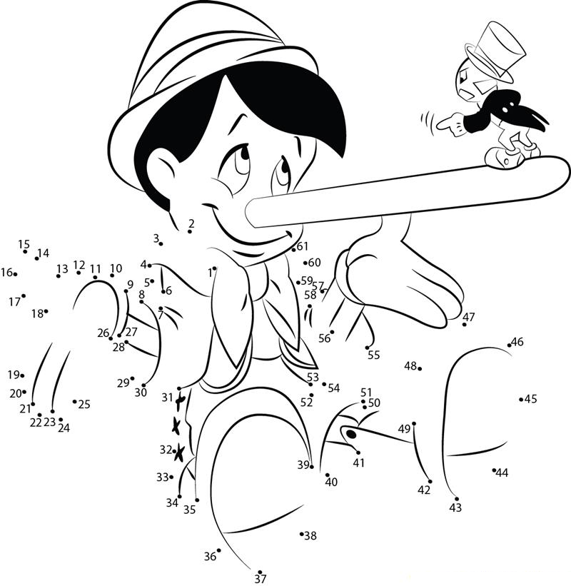 Pinocchio Big Nose printable dot to dot worksheet