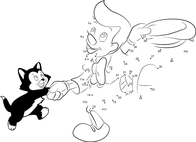 Pinocchio Dancing With Cat dot to dot worksheets