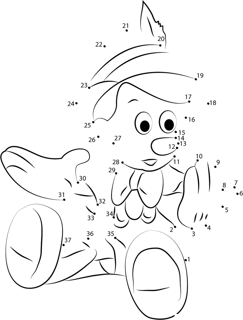 Pinocchio Looking His Hands printable dot to dot worksheet