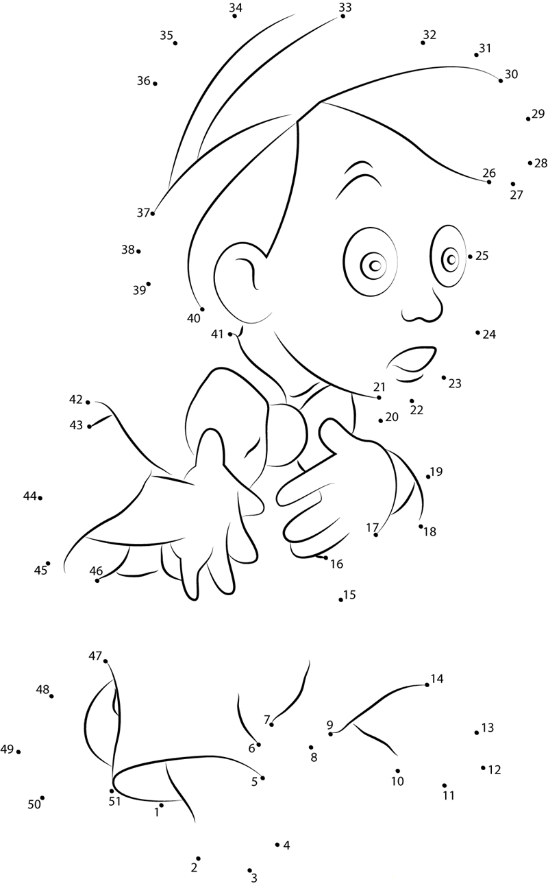 Pinocchio Sitting And Looking printable dot to dot worksheet