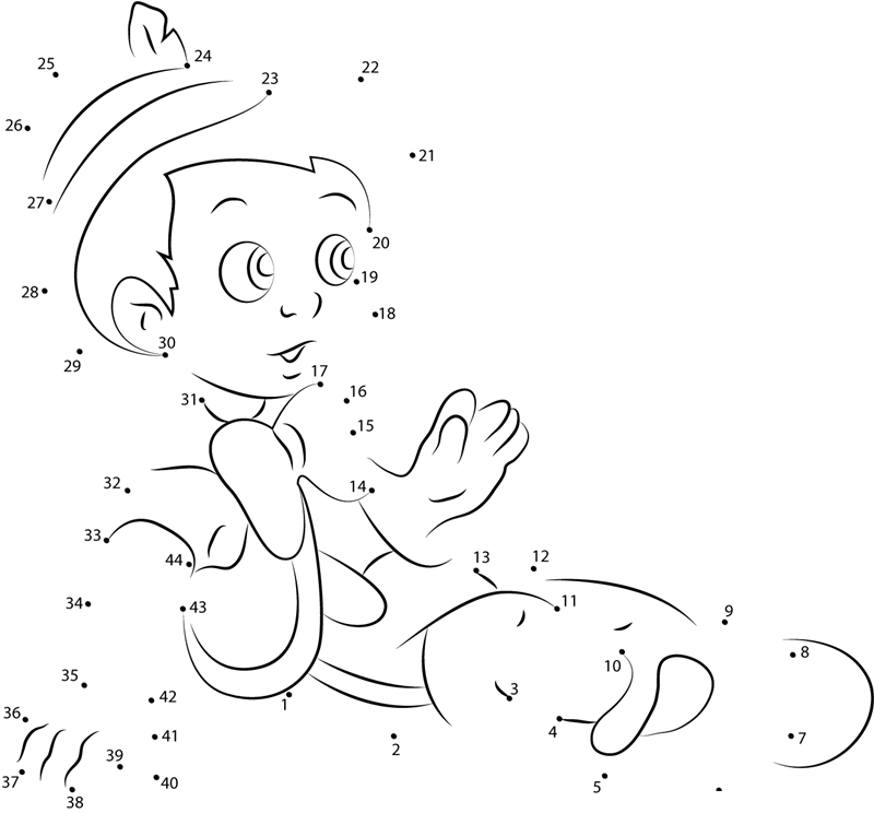 Pinocchio Sitting Down printable dot to dot worksheet