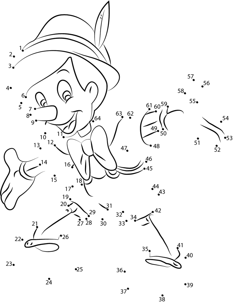 Pinocchio Smiling printable dot to dot worksheet