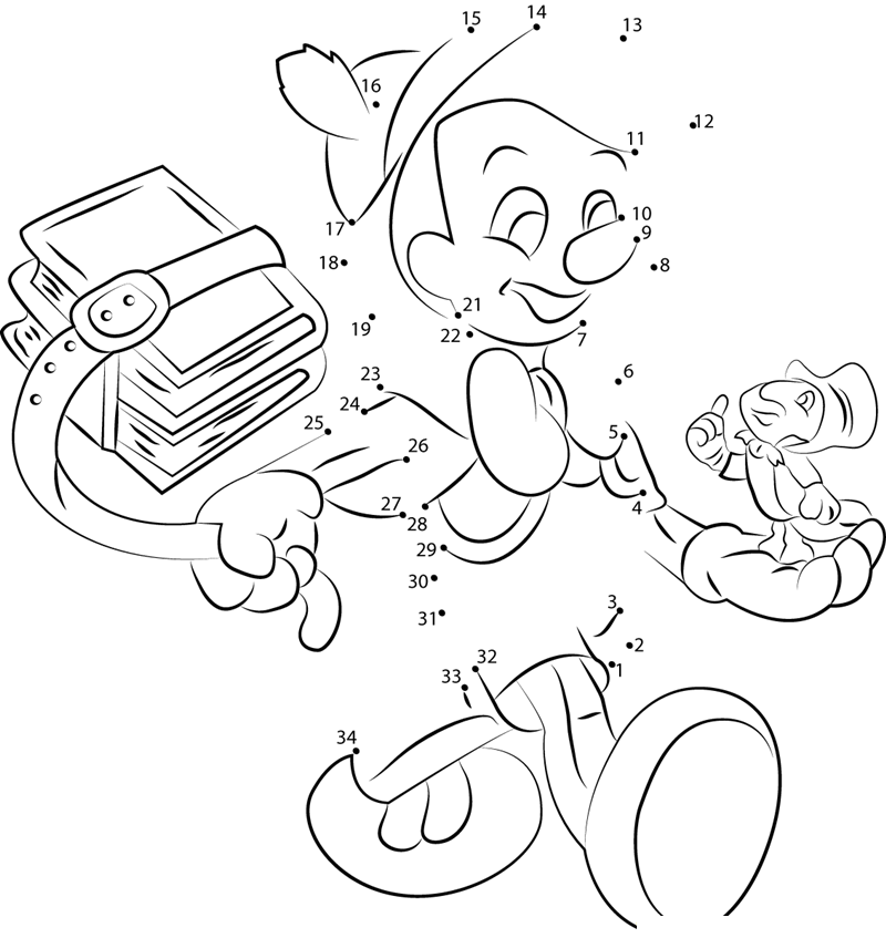 Pinocchio With Books printable dot to dot worksheet