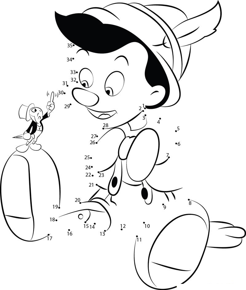 Talkative Pinocchio printable dot to dot worksheet