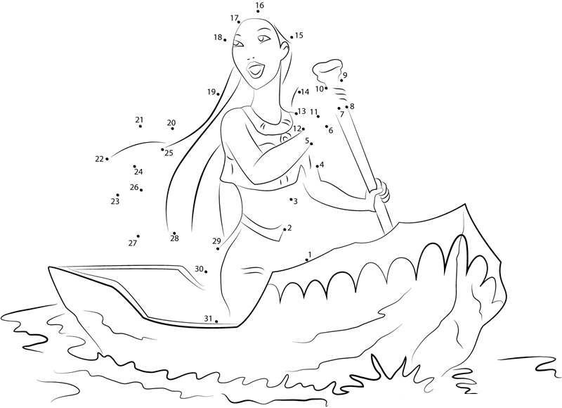 Pocahontas In Boat printable dot to dot worksheet