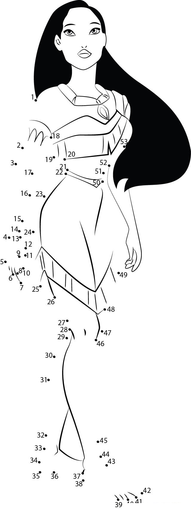 Young Pocahontas printable dot to dot worksheet