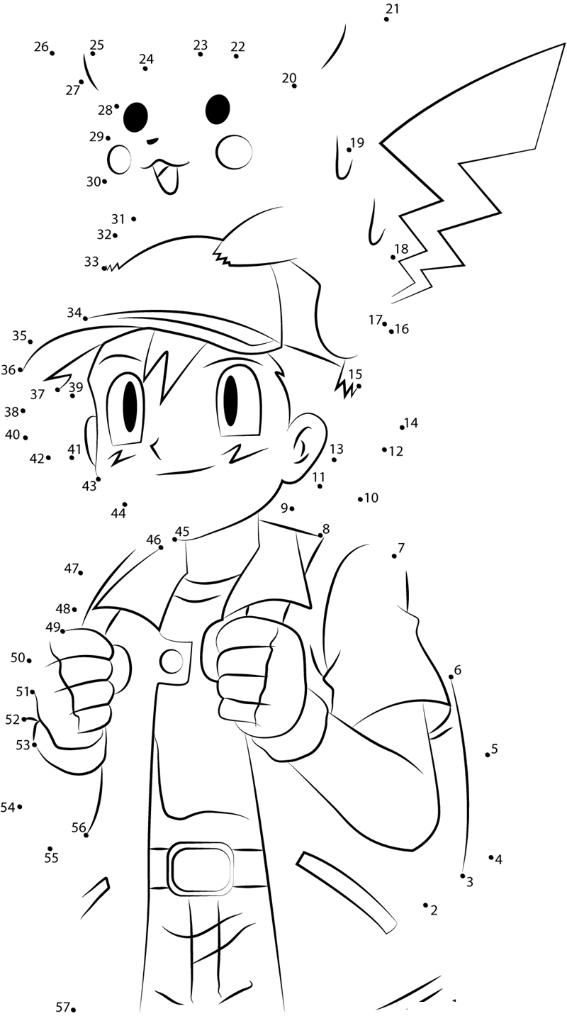 Cute Ash And Pikachu dot to dot worksheets