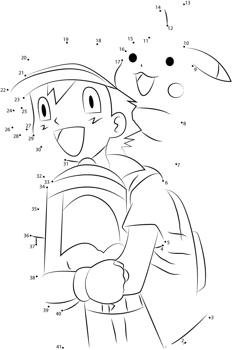 Happy Ash And Pikachu printable dot to dot worksheet