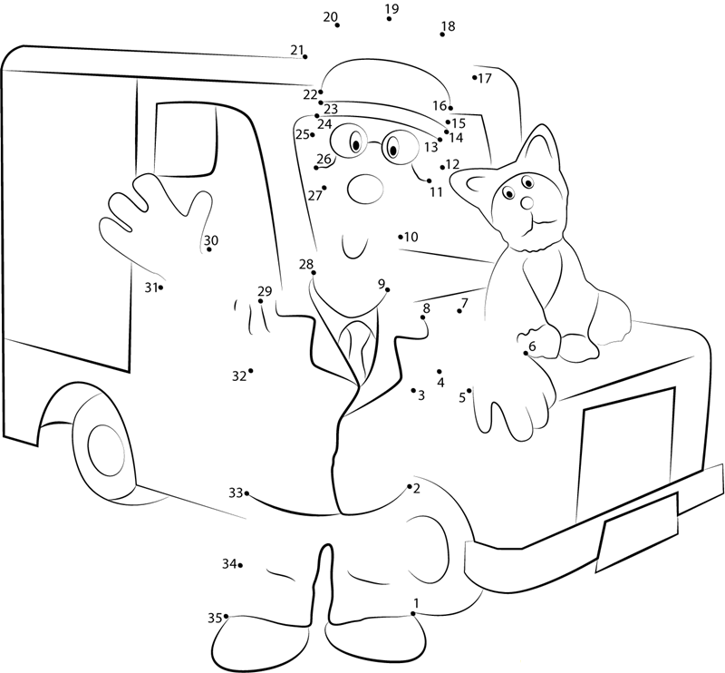 Postman Pat With Car dot to dot worksheets