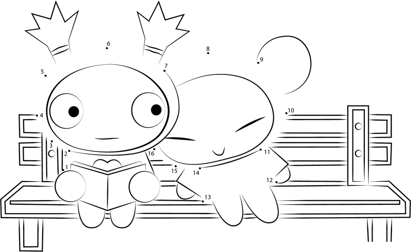 Pucca And Garu Sitting On A Bench printable dot to dot worksheet