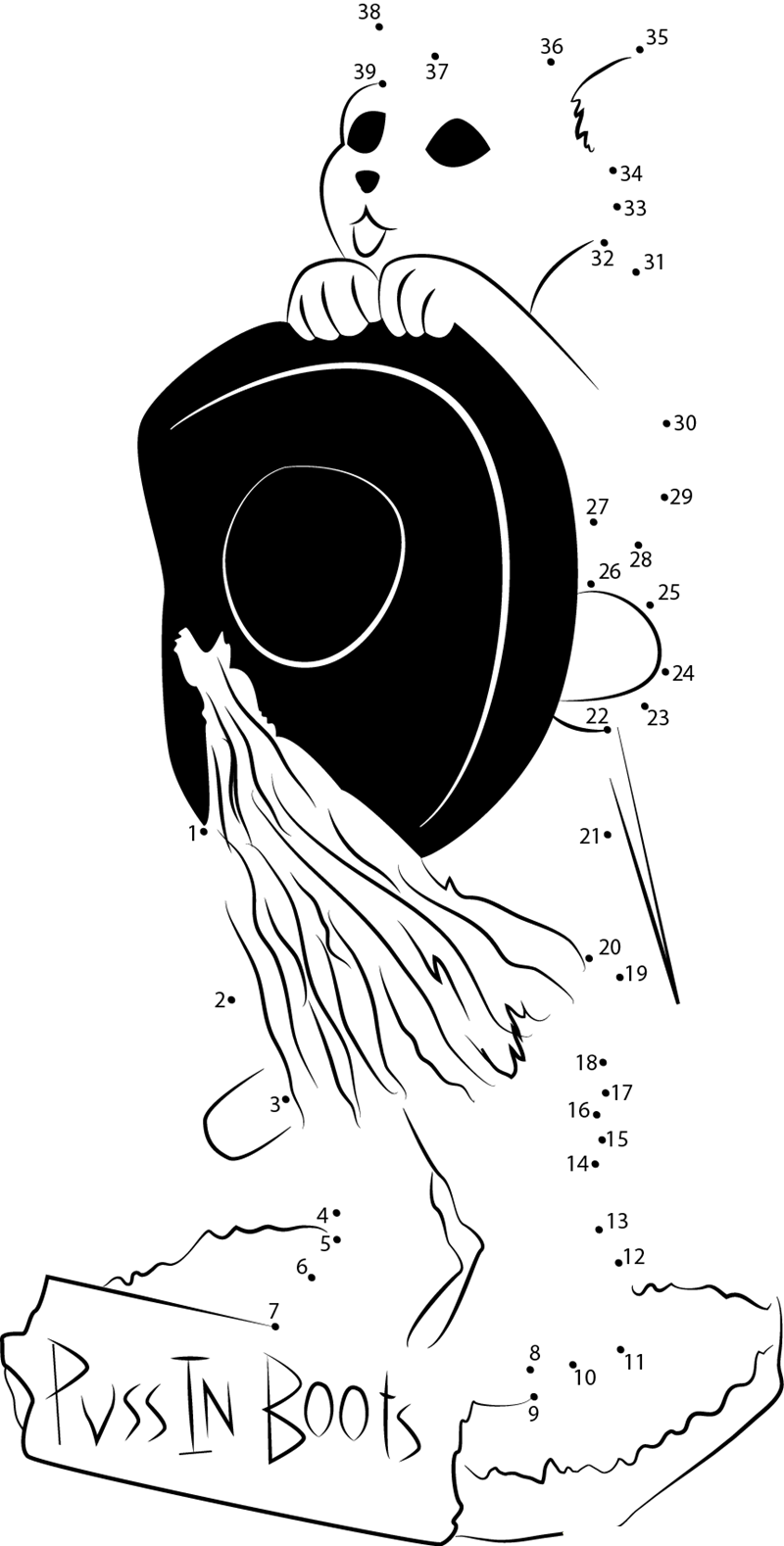 Pussinboots printable dot to dot worksheet