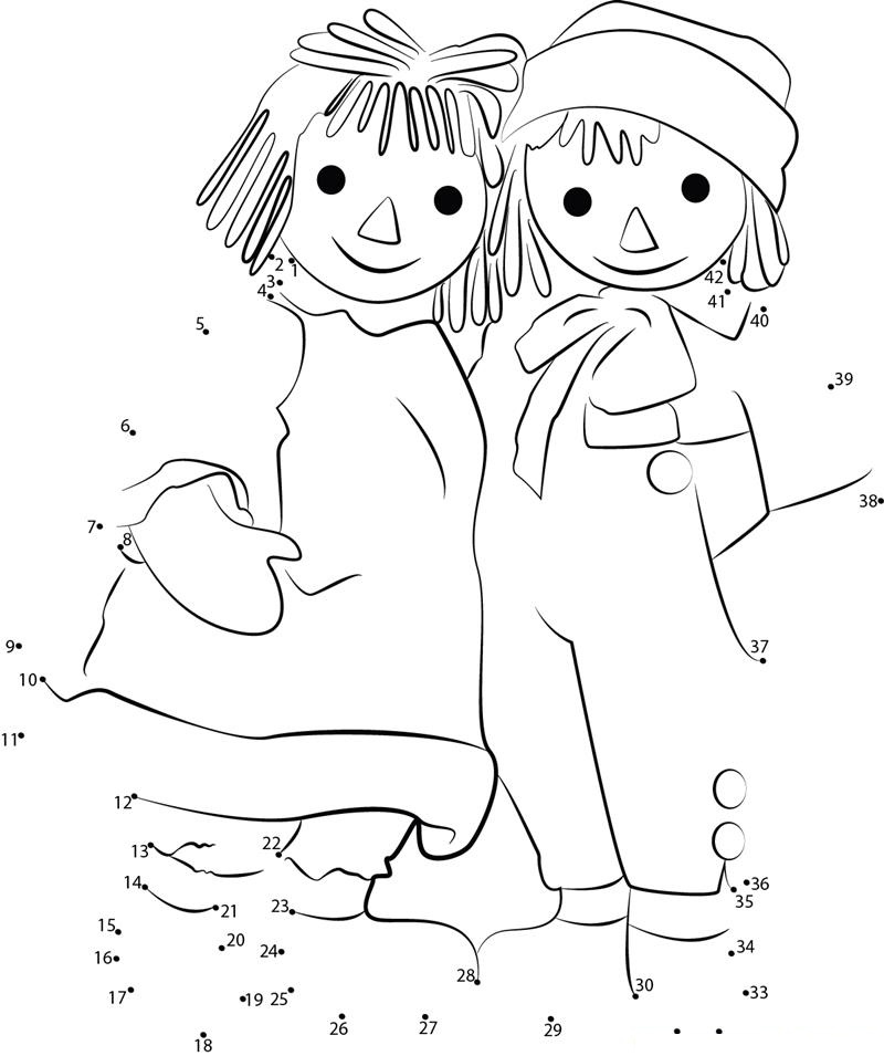 Raggedy Ann Cute Couple dot to dot worksheets