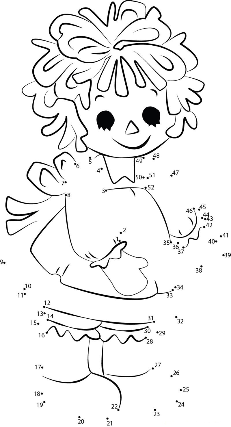 Raggedy Ann Smiling dot to dot worksheets